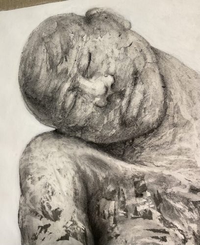 Danaé - 2023-24 - Fusain sur papier arraché préparé noir et blanc - 146 x 105 cm - détail 1