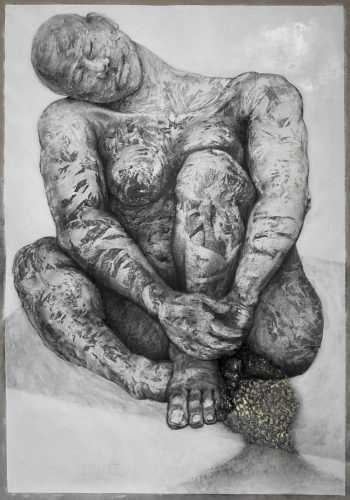 Danaé - 2023-24 - Fusain sur papier arraché préparé noir et blanc - 146 x 105 cm