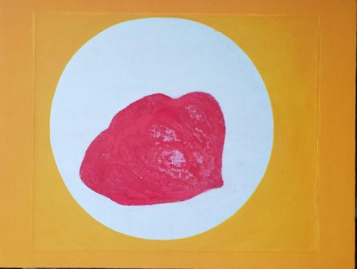 Bodegon-Il-Pomodoro-papier-Ingres-bleute-poncé-et-acrylique-jaune-40-x-52-cm