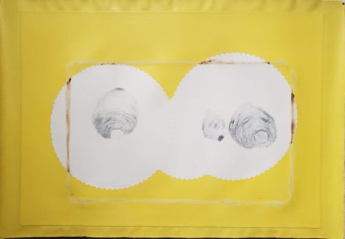 Bodegon-Navets-Tarte-ou-baklava-02-XI-2021-Papriers-abrases-et-acrylique-jaune-567-x-81-cm