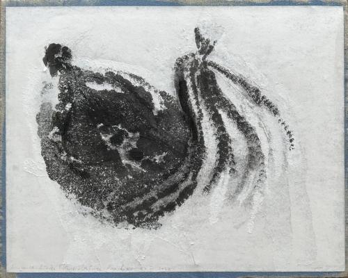 Lawrence - NM Bodegon Restes - 07 VII 2024 - papier arraché, encre et acrylique bleue conrecollé sur toile - 33 x 41 cm