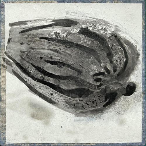 Lawrence - NM Bodegon Restes - 08 VII 2024 - papier arraché, encre et acrylique bleue conrecollé sur toile - 20 x 20 cm