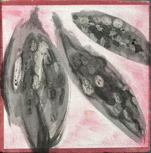 Lawrence - NM Bodegon Restes - 08 VII 2024 - papier arraché, encre et acrylique rouge conrecollé sur toile - 20 x 20 cm