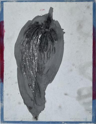 Lawrence - NM Bodegon Restes - 08 VII 2024 - papier arraché, encre et acrylique rouge et bleue conrecollé sur toile - 35 x 27 cm