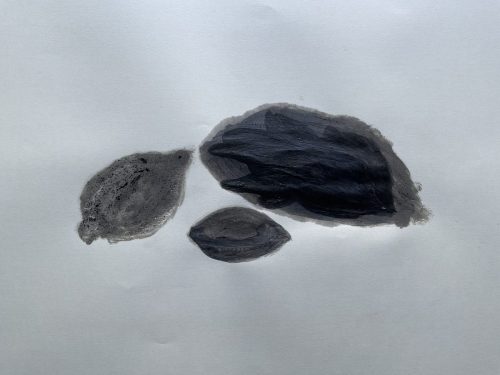 Trois restes - 2025 - encre de chine et huile de vidange sur papier - 24 x 36 cm