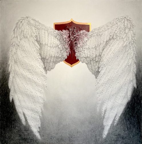 Trophée d'ailes - 2025 - acrylique, fusain et graphite sur papier gratté contrecollé sur toile - 114 x 114 cm